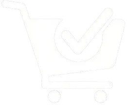 White shopping cart with checkmark icon, ecommerce solutions symbol on black background
