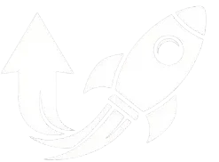 White magnifying glass with upward arrow icon, SEO growth symbol on black background