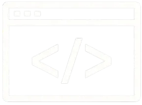 White computer monitor with code brackets icon, website development symbol on black background