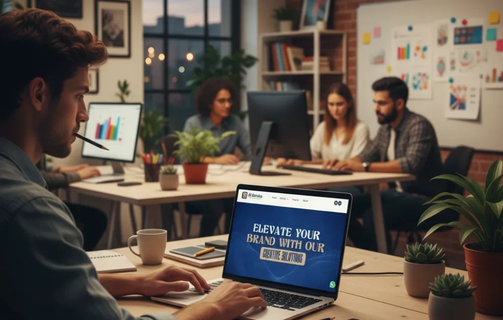 Al Baraka digital marketing agency website design displayed on laptop in a modern creative office, developed by Web2F