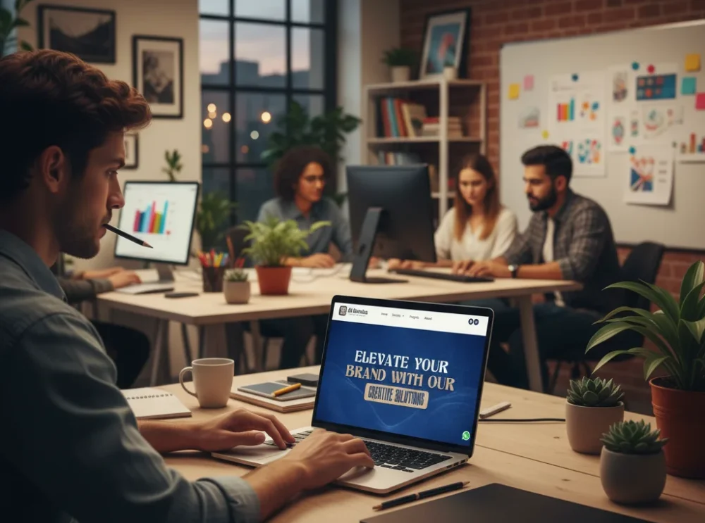 Al Baraka digital marketing agency website design displayed on laptop in a modern creative office, developed by Web2F