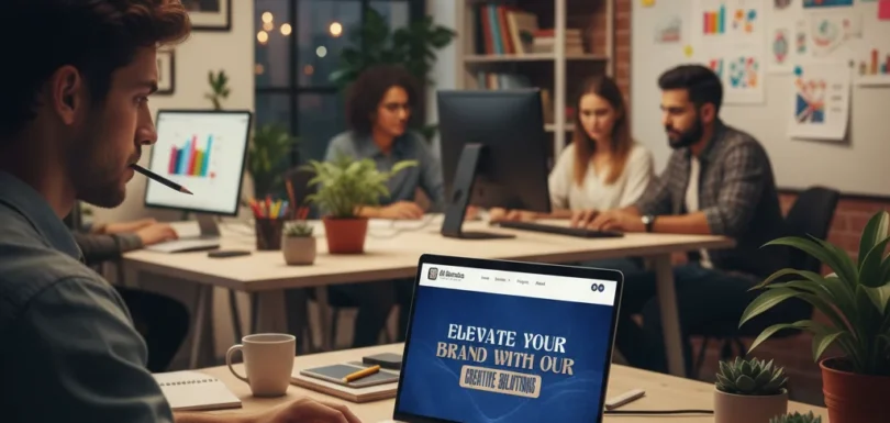 Al Baraka digital marketing agency website design displayed on laptop in a modern creative office, developed by Web2F