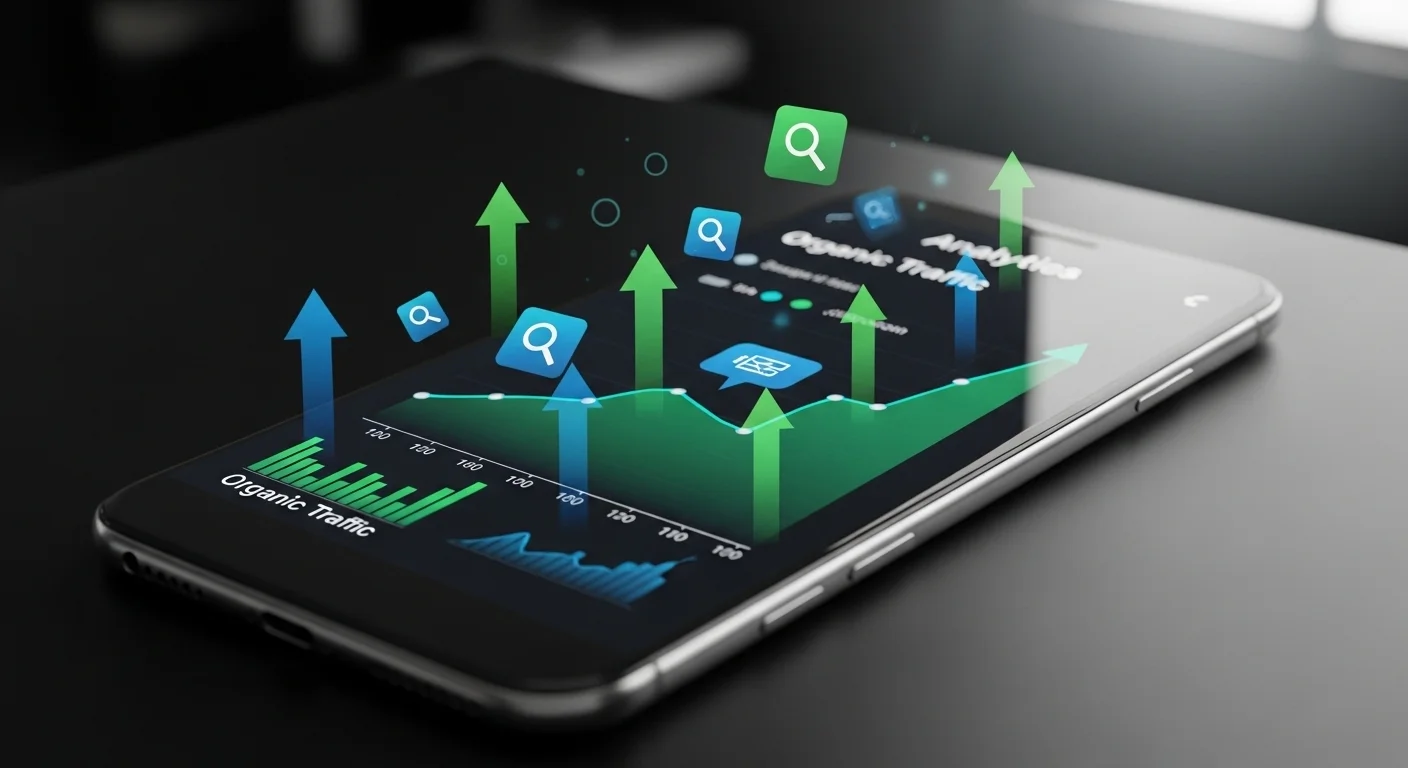 Smartphone showing organic traffic growth charts with upward arrows and search icons for SEO performance