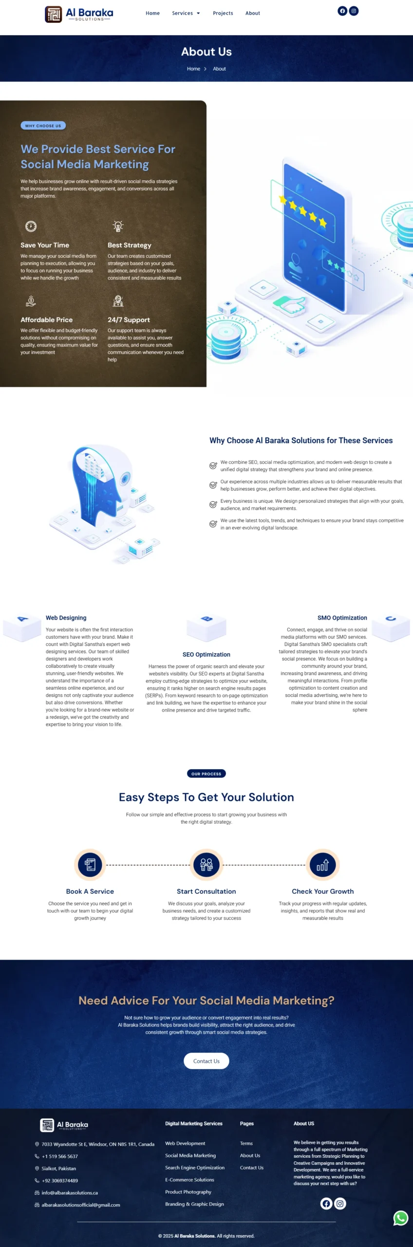 About page design of Al Baraka Solutions website with company overview and branding
