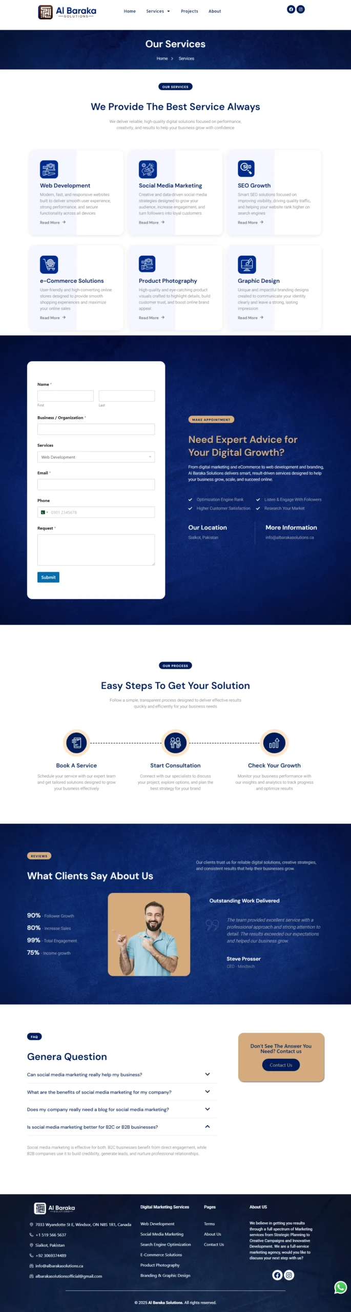Full services page layout of Al Baraka Solutions website showing digital marketing solutions