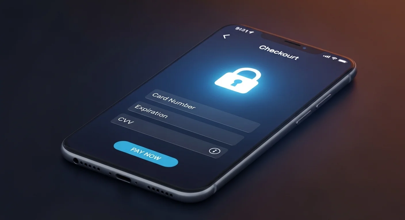 Secure e-commerce checkout screen with online payment flow, card processing, and website security protection.