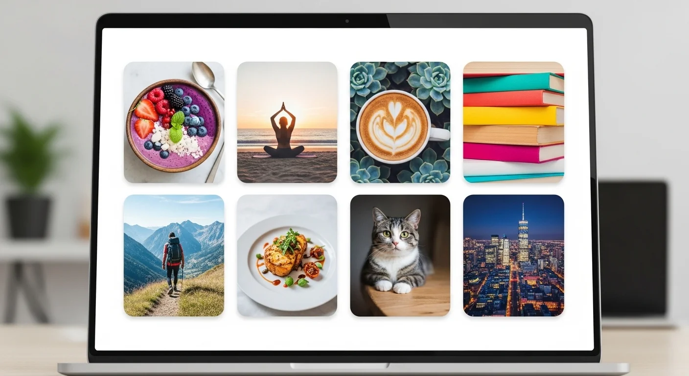 Laptop screen showing colorful social media content tiles arranged in a modern content management grid