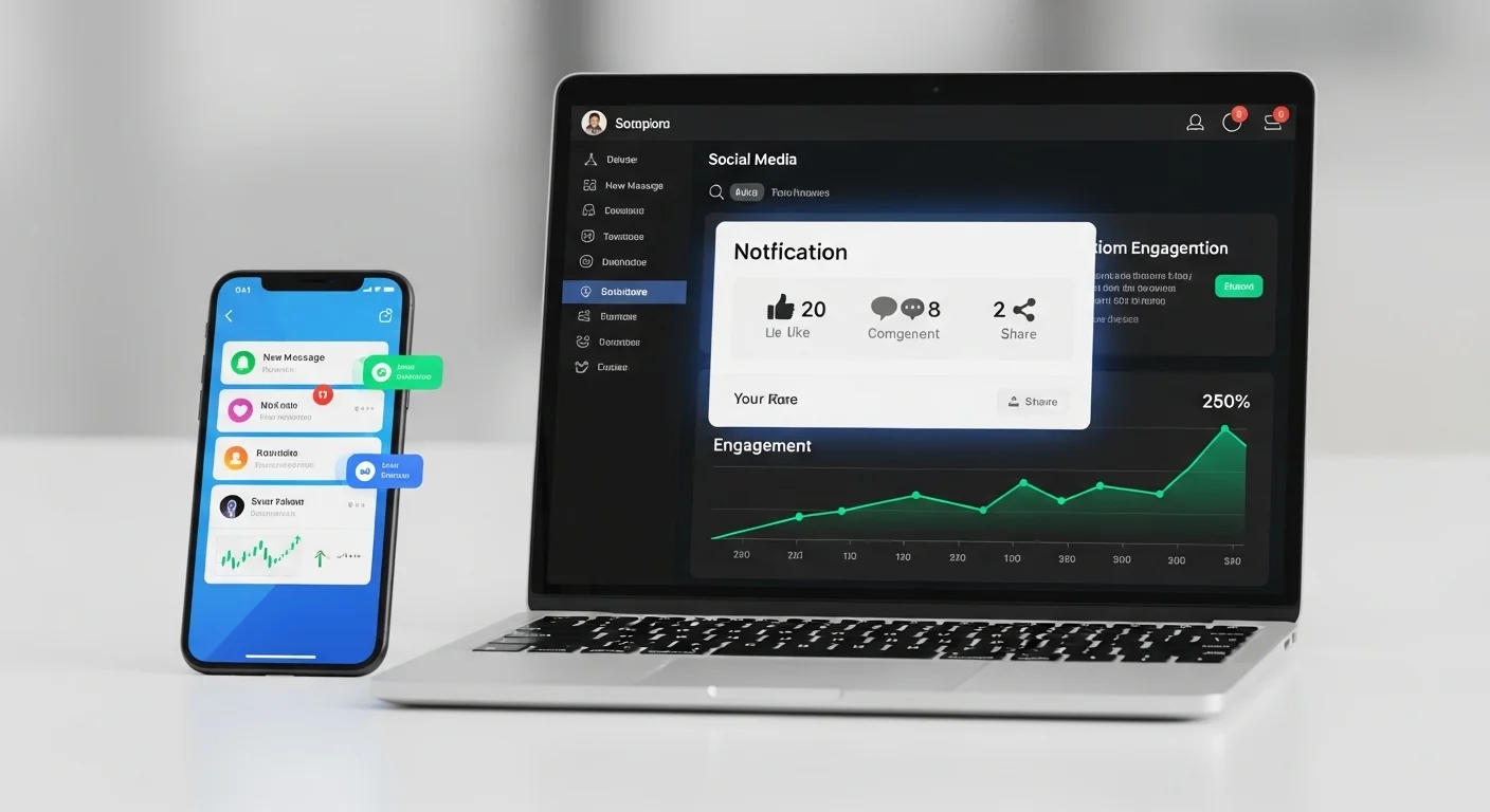 Phone and laptop displaying social media notifications, engagement symbols, and growth arrows for digital marketing