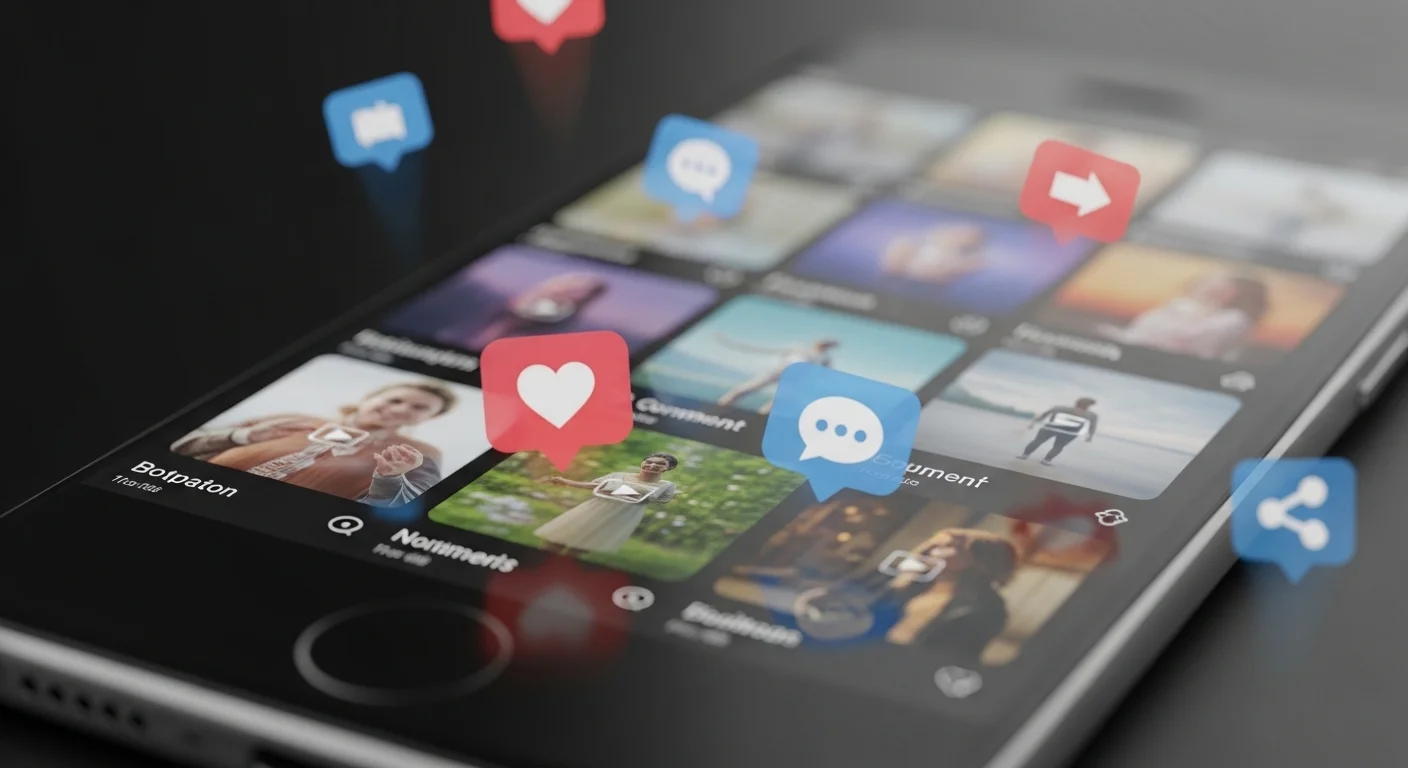Smartphone showing social media post previews with likes, comments, and share icons for engagement growth