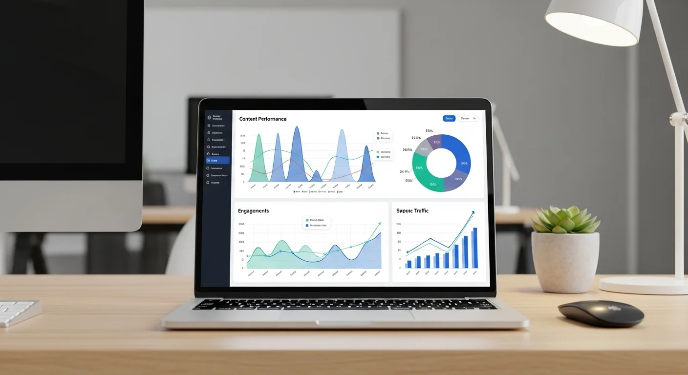 Content marketing strategy planning with digital team and analytics dashboard