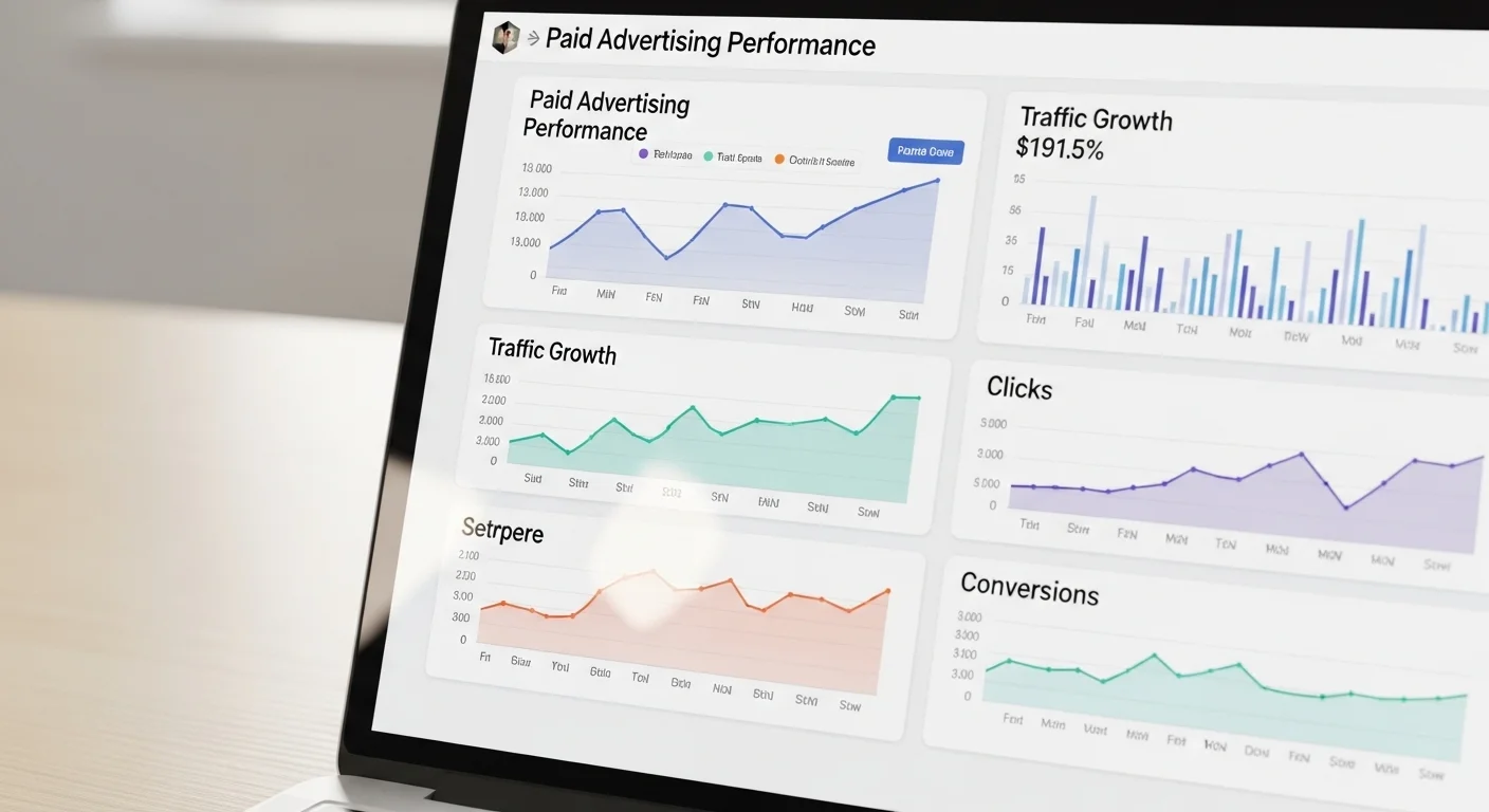Digital advertising performance dashboard showing traffic growth and conversions