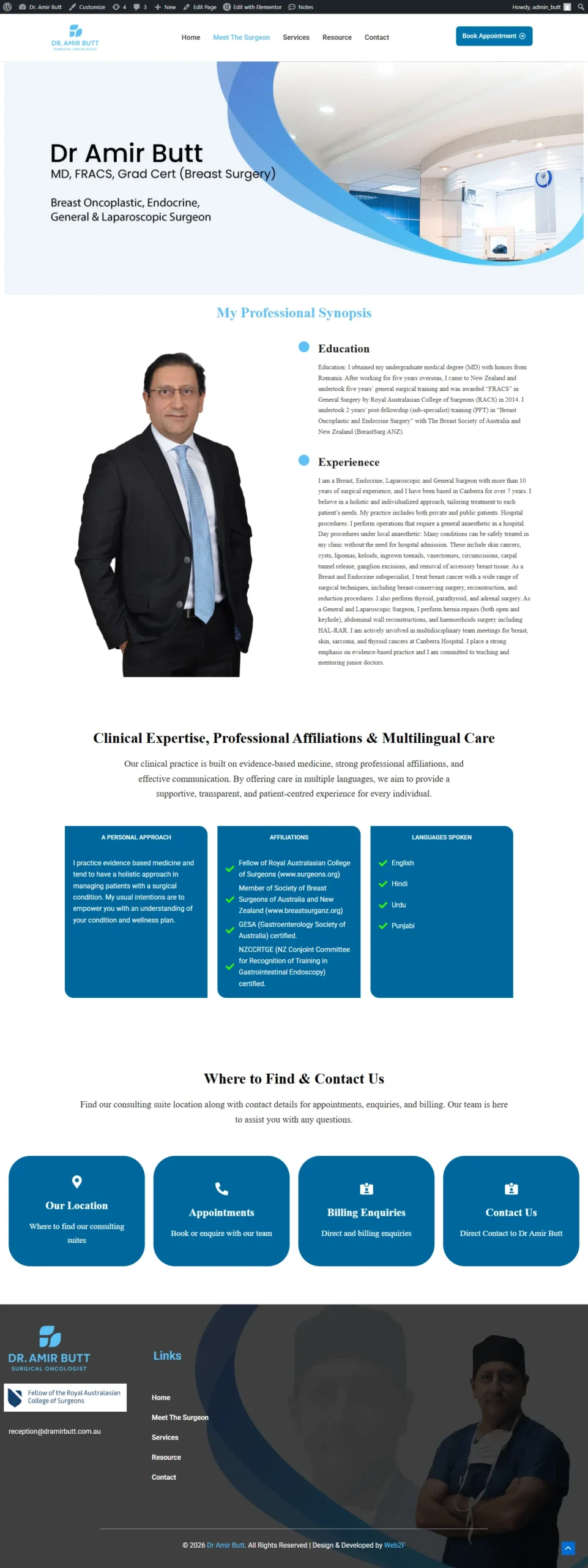 Meet the surgeon page of Dr Amir Butt website showing doctor profile and credentials