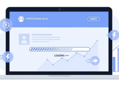 Fast loading business website on laptop screen with speed performance graph for small business website optimization
