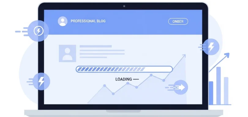 Fast loading business website on laptop screen with speed performance graph for small business website optimization