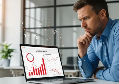 Business professional looking at laptop screen frustrated due to low website leads, asking why am I not getting leads from my website, with poor conversion analytics on a modern marketing dashboard