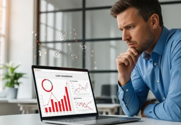 Business professional looking at laptop screen frustrated due to low website leads, asking why am I not getting leads from my website, with poor conversion analytics on a modern marketing dashboard