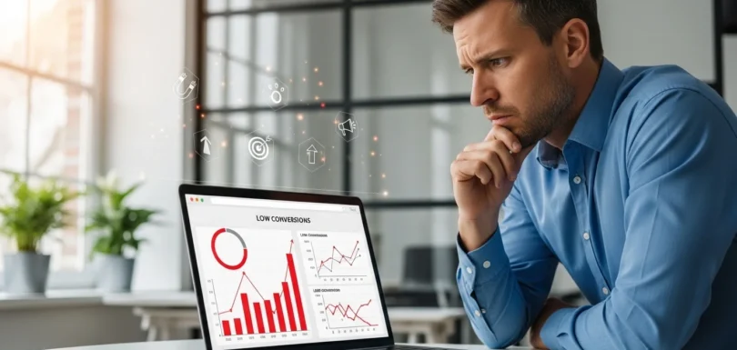 Business professional looking at laptop screen frustrated due to low website leads, asking why am I not getting leads from my website, with poor conversion analytics on a modern marketing dashboard