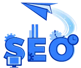 Blue SEO growth illustration with upward arrow, analytics icons and digital marketing elements showing website traffic and online business success