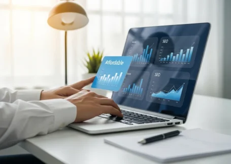 Affordable SEO services in Pakistan for small businesses working on laptop for business growth concept