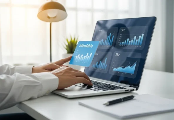 Affordable SEO services in Pakistan for small businesses working on laptop for business growth concept