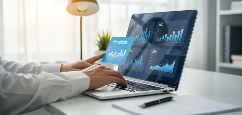 Affordable SEO services in Pakistan for small businesses working on laptop for business growth concept