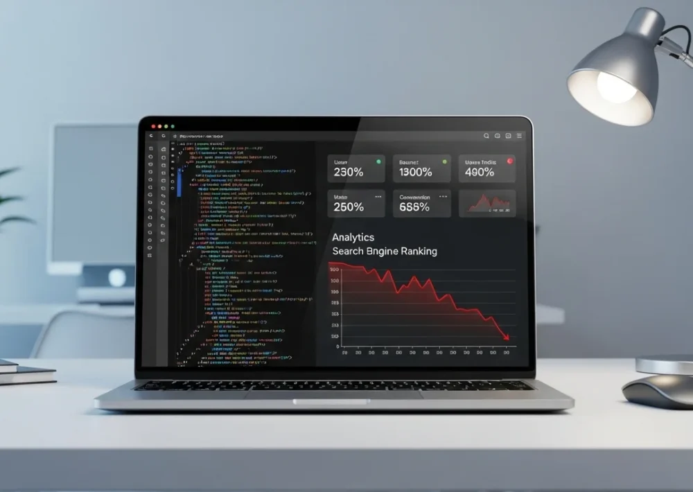 Website not ranking on Google showing search results and declining analytics graph