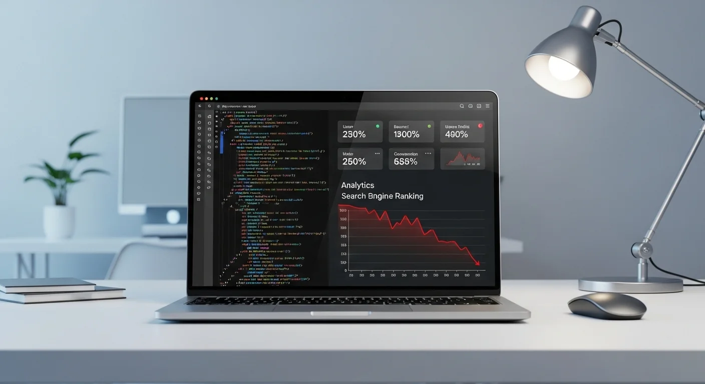 Website not ranking on Google showing search results and declining analytics graph
