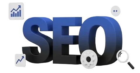 3D SEO text in deep blue and black with modern SaaS design, matte finish, subtle shadows, and small analytics and gear icons on white background for tech branding