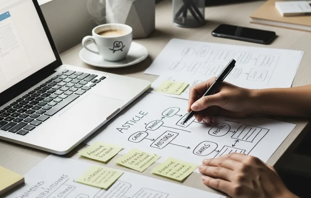 Professional content writing in progress: person brainstorming article ideas, sketching outlines on paper with laptop and coffee, realistic workspace, focused and creative