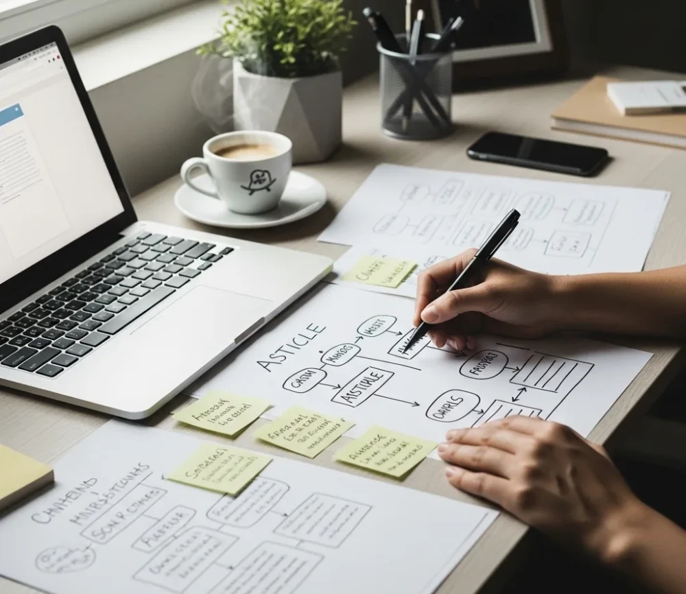 Professional content writing in progress: person brainstorming article ideas, sketching outlines on paper with laptop and coffee, realistic workspace, focused and creative