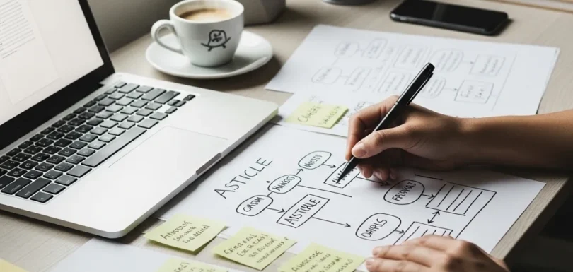 Professional content writing in progress: person brainstorming article ideas, sketching outlines on paper with laptop and coffee, realistic workspace, focused and creative