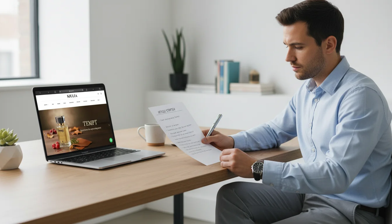 Professional analyzing content writing strategy for Sjulia, reviewing article notes with a laptop on a clean desk, expert content writing and SEO planning session