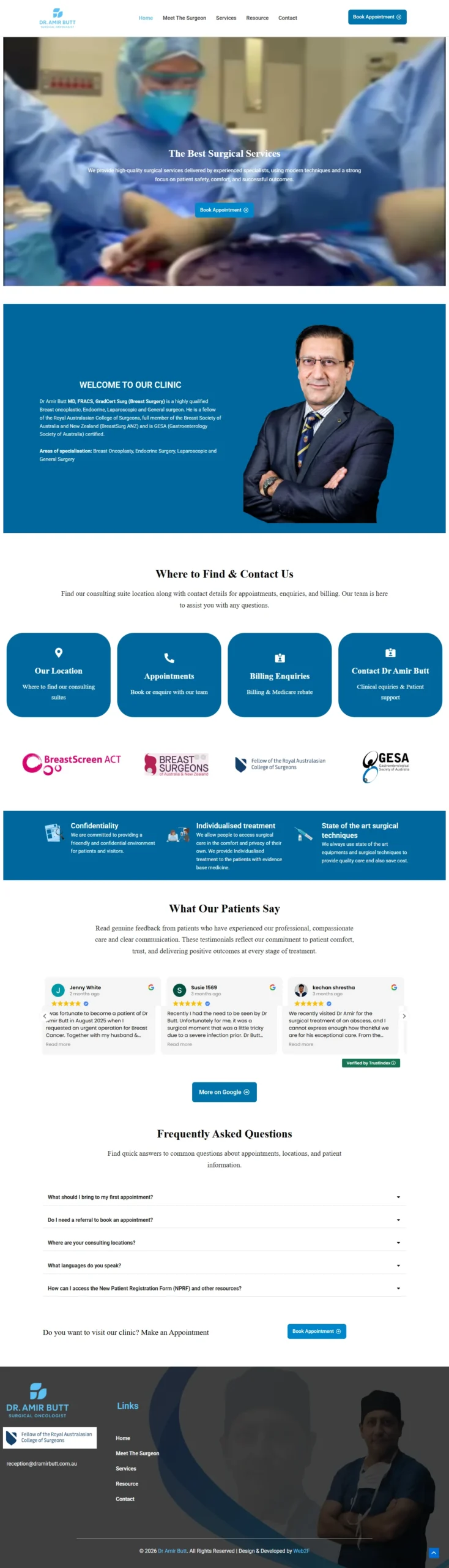 Medical website homepage with contact information.