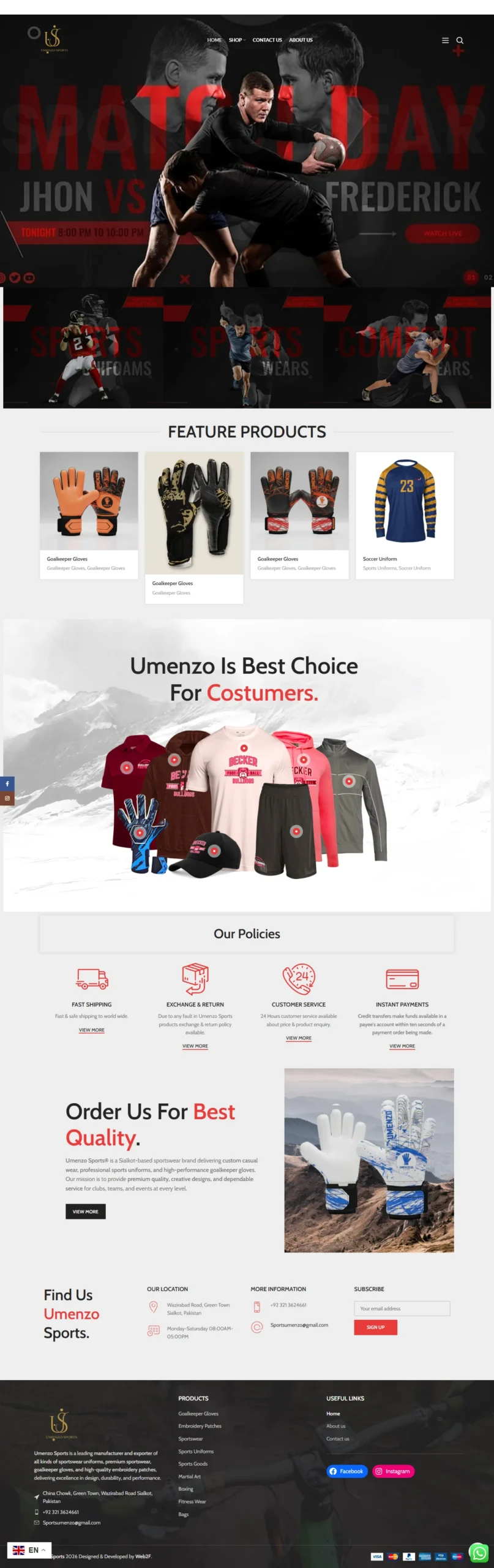Home page of UmenzoSports Sports Accessories WooCommerce store, designed and optimized by Web2F for seamless user experience