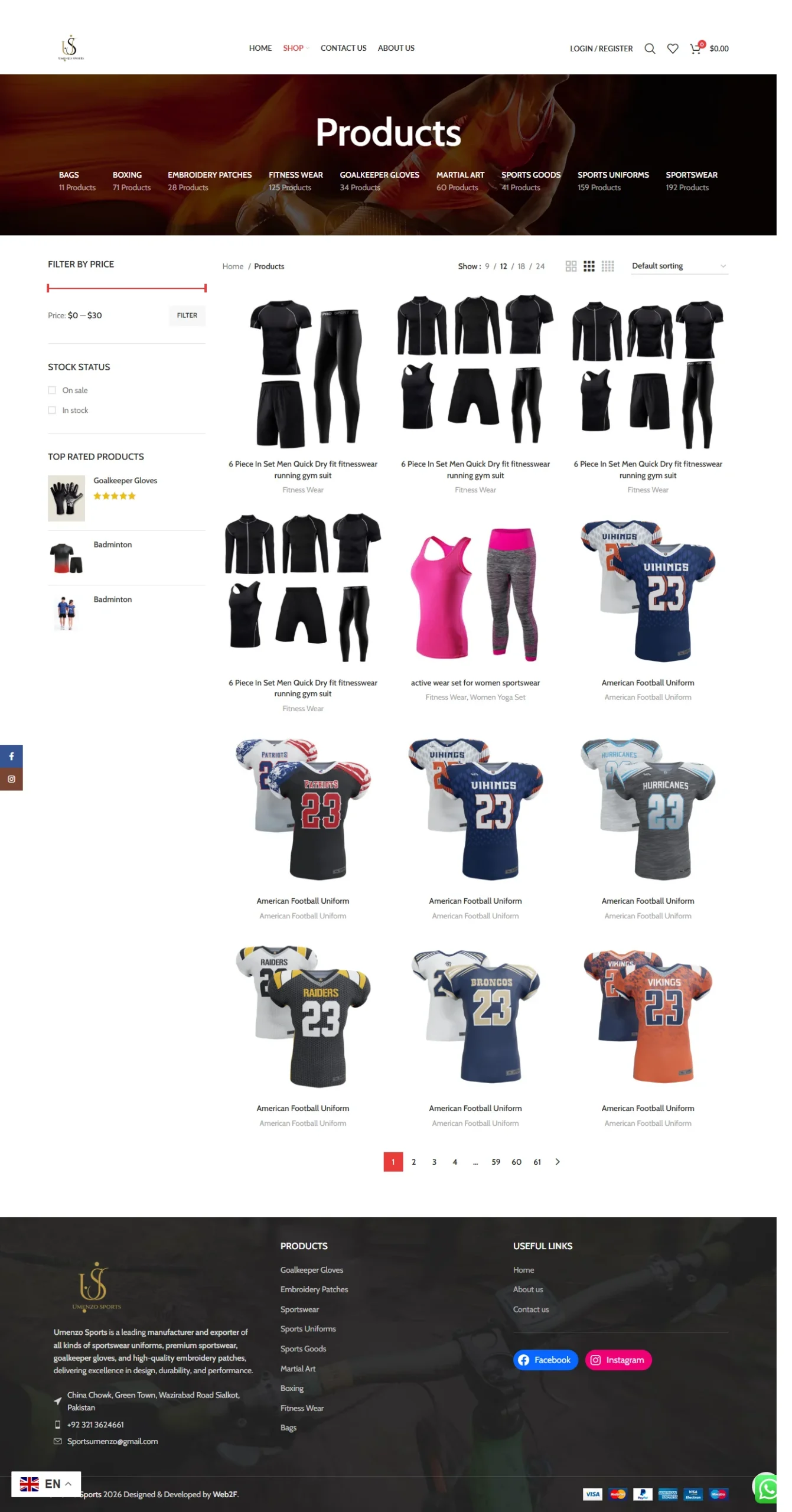 Shop page of UmenzoSports WooCommerce store showing goalkeeper gloves, fitness wear, bags, and embroidery patches, optimized by Web2F