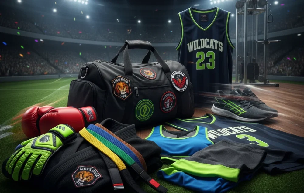 Ultra-realistic cinematic sports composition of goalkeeper gloves, boxing gloves, martial arts belts, fitness wear, sports bags, embroidery patches, and sports uniforms, professionally arranged on dynamic stadium and gym backgrounds, designed by Web2F for UmenzoSports case study