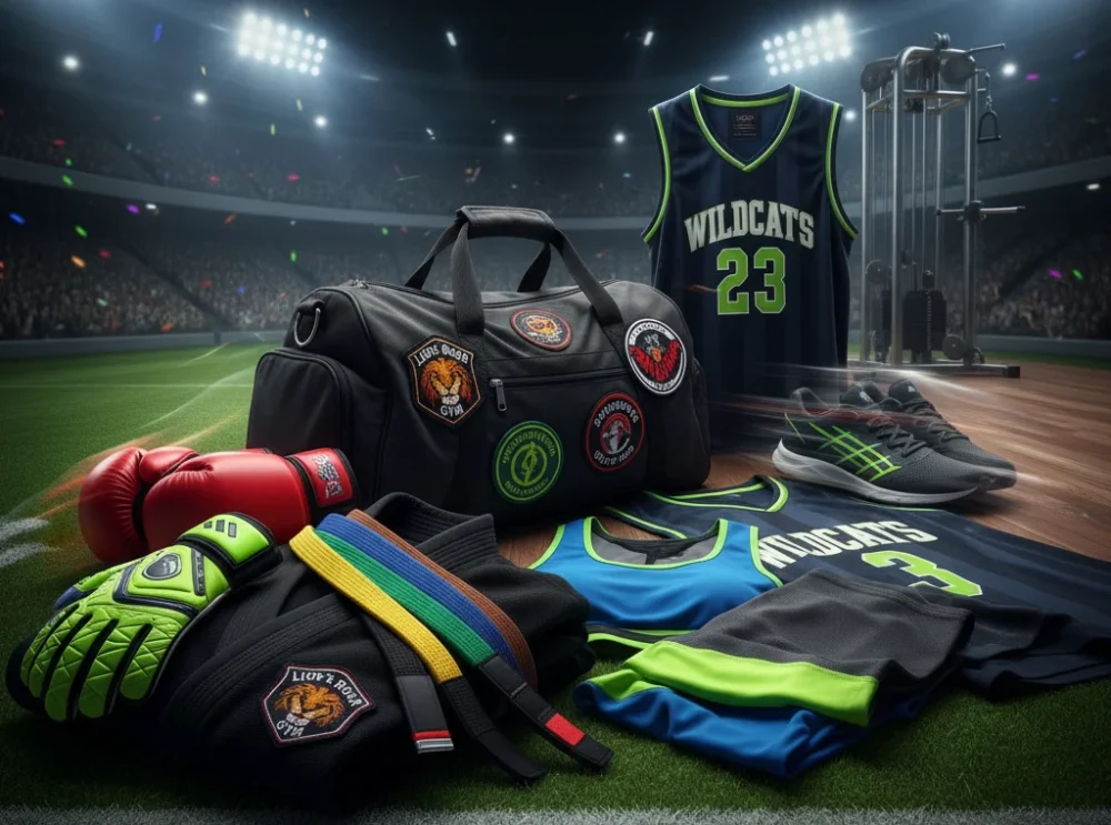 Ultra-realistic cinematic sports composition of goalkeeper gloves, boxing gloves, martial arts belts, fitness wear, sports bags, embroidery patches, and sports uniforms, professionally arranged on dynamic stadium and gym backgrounds, designed by Web2F for UmenzoSports case study