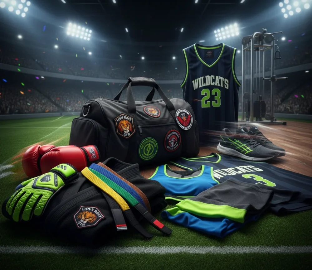 Ultra-realistic cinematic sports composition of goalkeeper gloves, boxing gloves, martial arts belts, fitness wear, sports bags, embroidery patches, and sports uniforms, professionally arranged on dynamic stadium and gym backgrounds, designed by Web2F for UmenzoSports case study