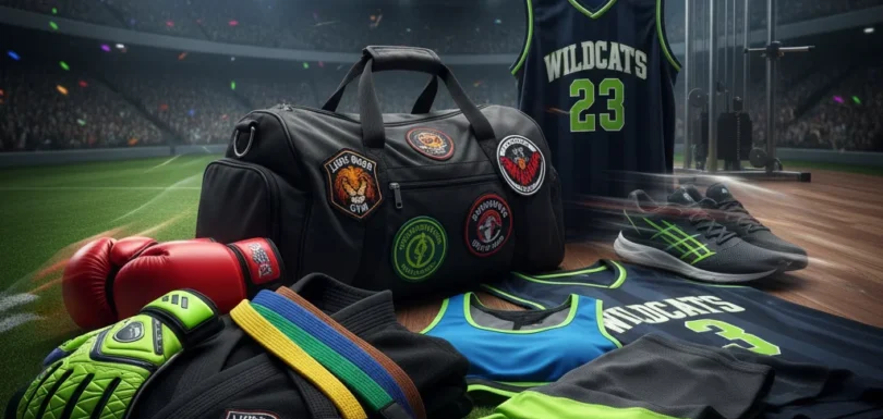Ultra-realistic cinematic sports composition of goalkeeper gloves, boxing gloves, martial arts belts, fitness wear, sports bags, embroidery patches, and sports uniforms, professionally arranged on dynamic stadium and gym backgrounds, designed by Web2F for UmenzoSports case study