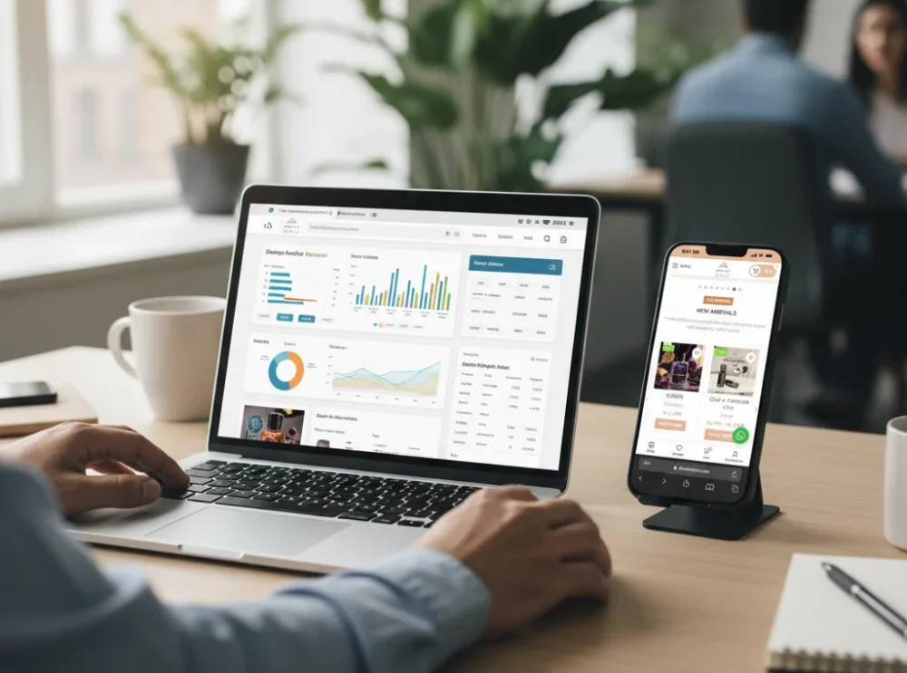 Complete SEO audit analysis on laptop with website performance data and mobile device on desk