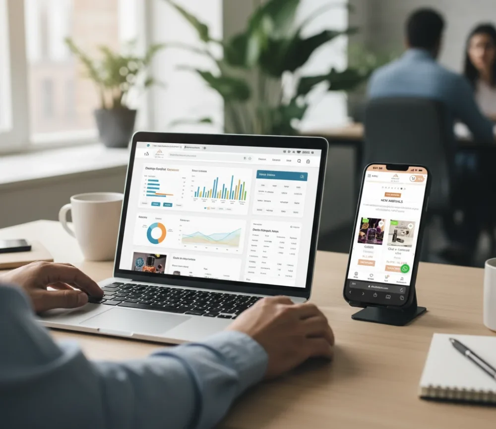 Complete SEO audit analysis on laptop with website performance data and mobile device on desk