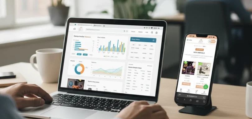 Complete SEO audit analysis on laptop with website performance data and mobile device on desk