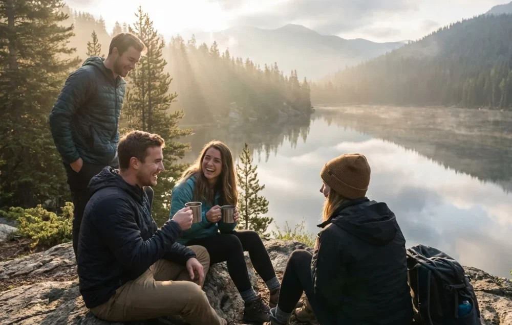 Group of solo travelers enjoying a natural mountain viewpoint with scenic landscape, happiness, and adventure travel lifestyle