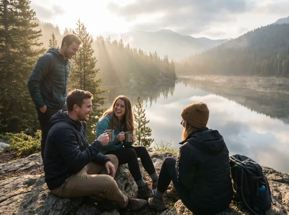 Group of solo travelers enjoying a natural mountain viewpoint with scenic landscape, happiness, and adventure travel lifestyle