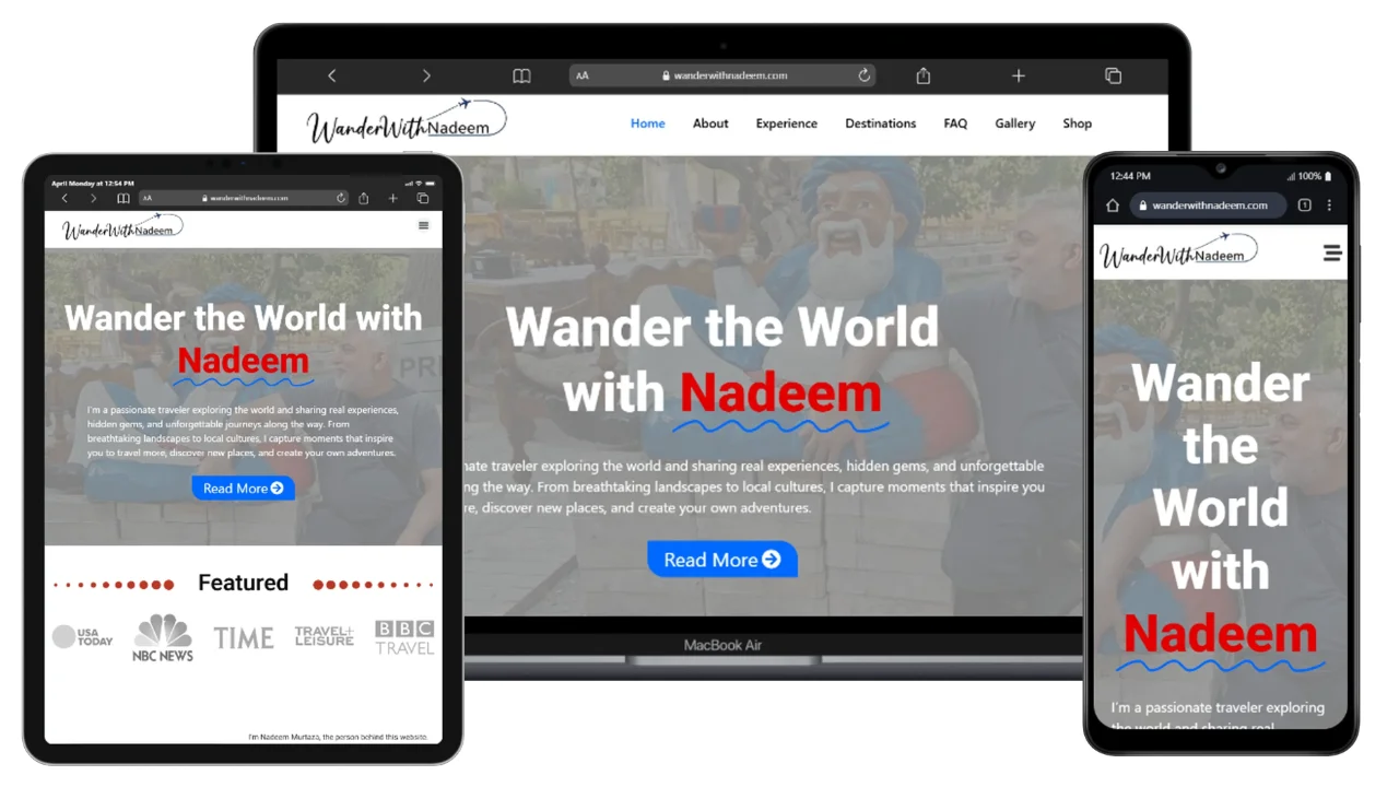 Solo travel portfolio website preview showcasing modern UI design, travel experiences, and scenic adventure storytelling layout