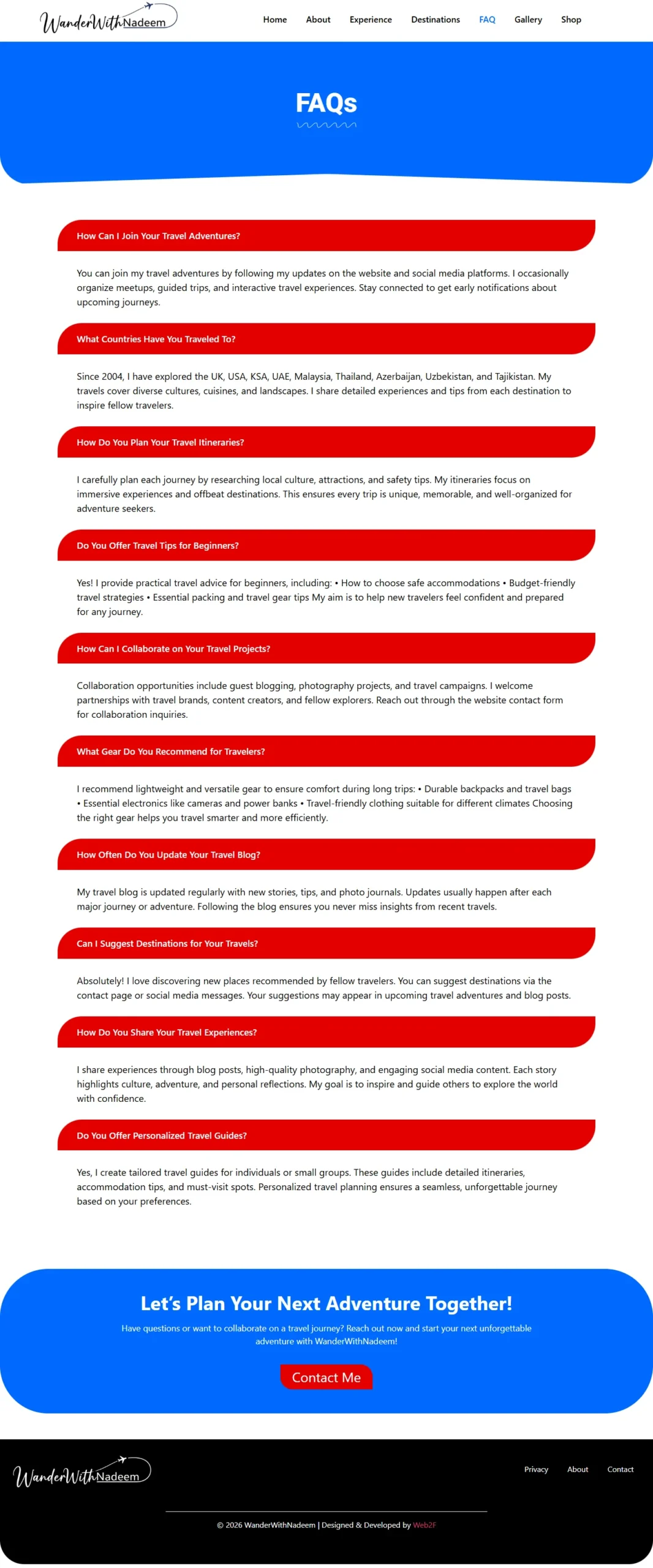 Case study of Wander with Nadeem travel blog website designed by Web2F featuring responsive design, SEO optimization, and travel storytelling experience