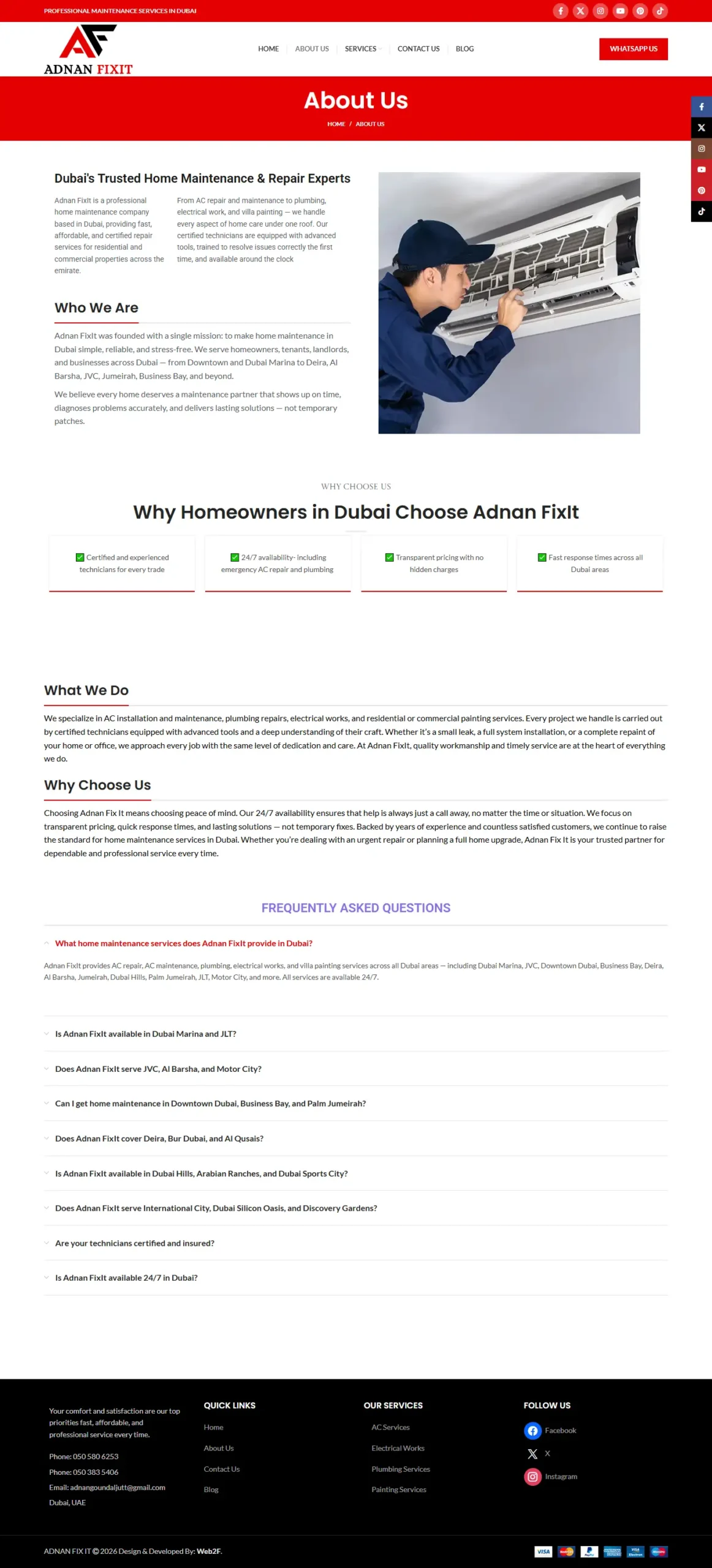Adnan FixIt Home Maintenance About Us page highlighting the company's experience and professional maintenance services