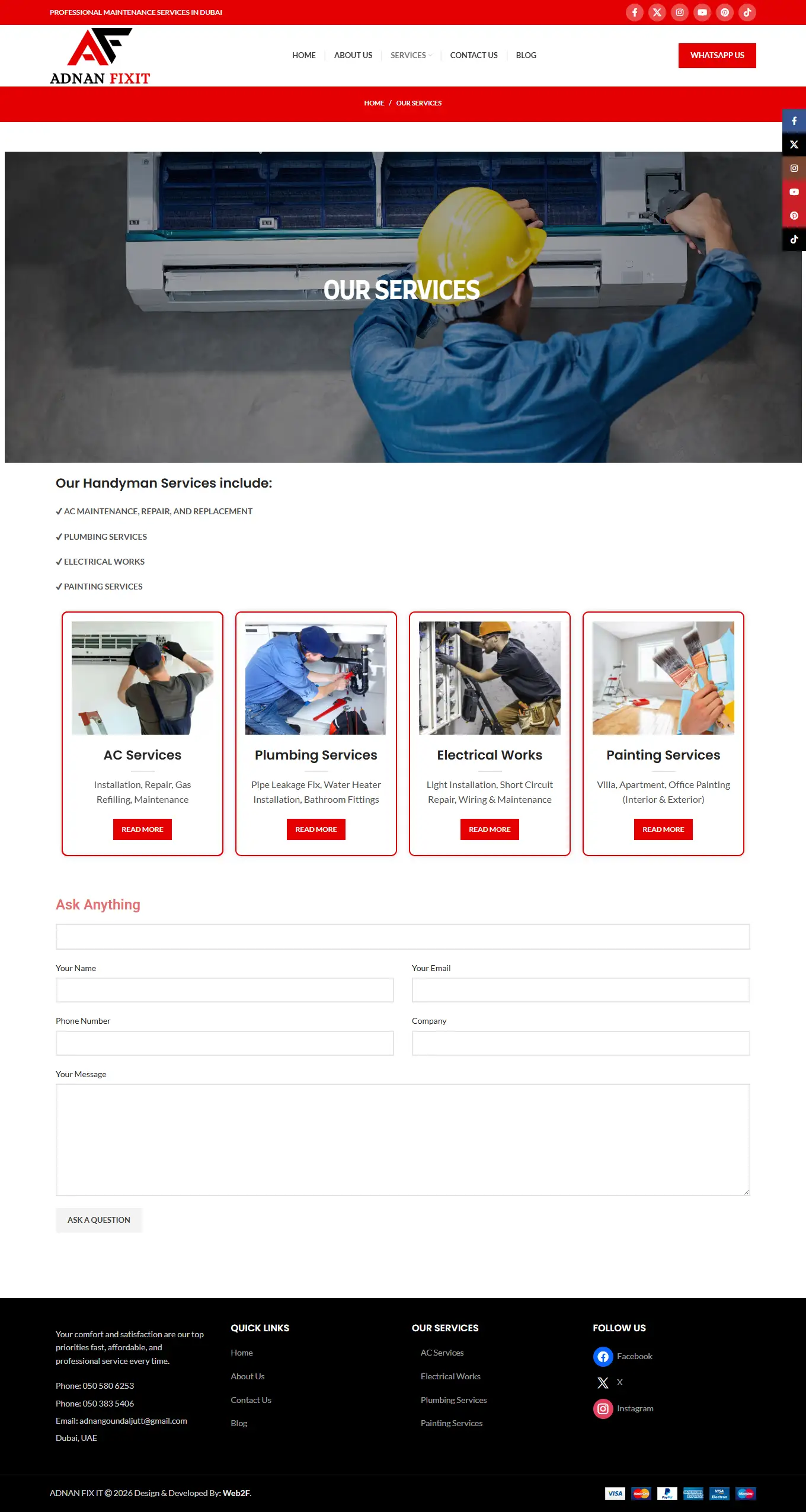 Adnan FixIt Home Maintenance services page showcasing plumbing, electrical, AC repair, and home maintenance solutions